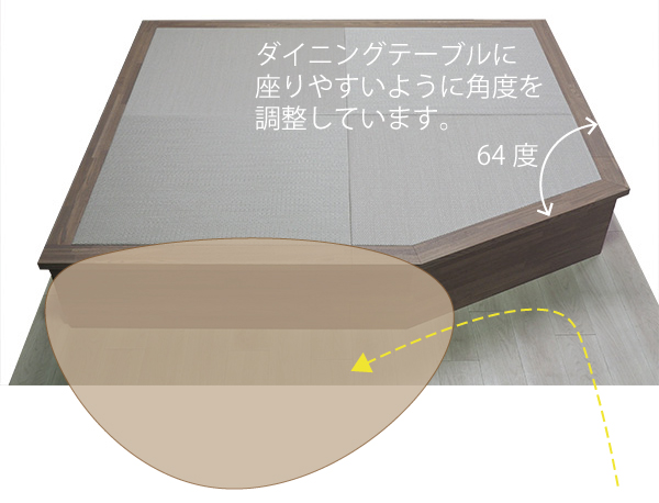 後付け 収納 小上がり ヌック 収納 おしゃれ デザイン 畳ベッド 飛騨フォレスト 畳ヶ丘 オーダー 日本製 ヘリ無し畳 ダイケン 小波 灰桜色 ウレタン仕上げ グレイッシュ 図面 壁2面 畳ベンチ