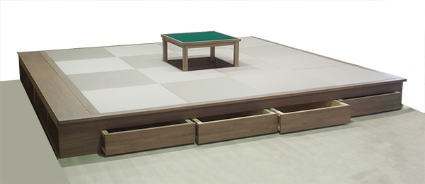 後付け 収納 小上がり ヌック 収納 おしゃれ デザイン 畳ベッド 飛騨フォレスト 畳ヶ丘 オーダー 日本製 ヘリ無し畳 ダイケン ウレタン仕上げ 図面 壁3面 灰桜色 なぐり加工 麻雀 グレー グレイッシュ