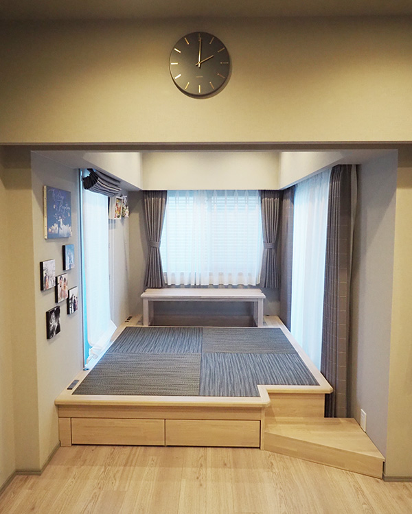 後付け 収納 小上がり ヌック 収納 おしゃれ デザイン 畳ベッド 飛騨フォレスト ホワイト 畳ヶ丘 オーダー 日本製 ヘリ無し畳 ダイケン オイル仕上げ 図面 壁3面 穂波 ステップ