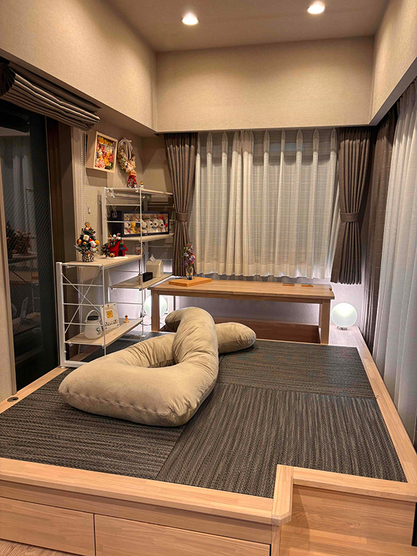 後付け 収納 小上がり ヌック 収納 おしゃれ デザイン 畳ベッド 飛騨フォレスト ホワイト 畳ヶ丘 オーダー 日本製 ヘリ無し畳 ダイケン オイル仕上げ 図面 壁3面 穂波 ステップ
