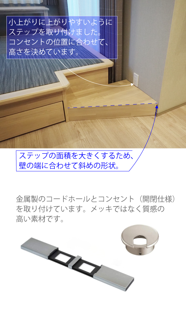 後付け 収納 小上がり ヌック 収納 おしゃれ デザイン 畳ベッド 飛騨フォレスト ホワイト 畳ヶ丘 オーダー 日本製 ヘリ無し畳 ダイケン オイル仕上げ 図面 壁3面 穂波 ステップ