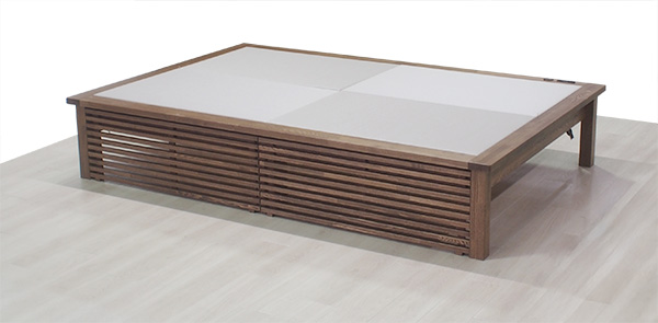 後付け 収納 小上がり ヌック 収納 おしゃれ デザイン 畳ベッド 飛騨フォレスト 畳ヶ丘 オーダー 日本製 ヘリ無し畳 ダイケン ウレタン仕上げ 図面 壁4面 灰桜色 格子 ブラウン