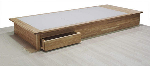 後付け 収納 小上がり ヌック 収納 おしゃれ デザイン 畳ベッド 飛騨フォレスト 畳ヶ丘 オーダー 日本製 ヘリ無し畳 ダイケン オイル仕上げ 図面 壁2面 灰桜色 猫 引き出し