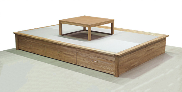 後付け 収納 小上がり ヌック 収納 おしゃれ デザイン 畳ベッド 飛騨フォレスト 畳ヶ丘 オーダー 日本製 ヘリ無し畳 ダイケン オイル仕上げ 図面 灰桜色 こたつ ローデスク ちゃぶ台 チーク色