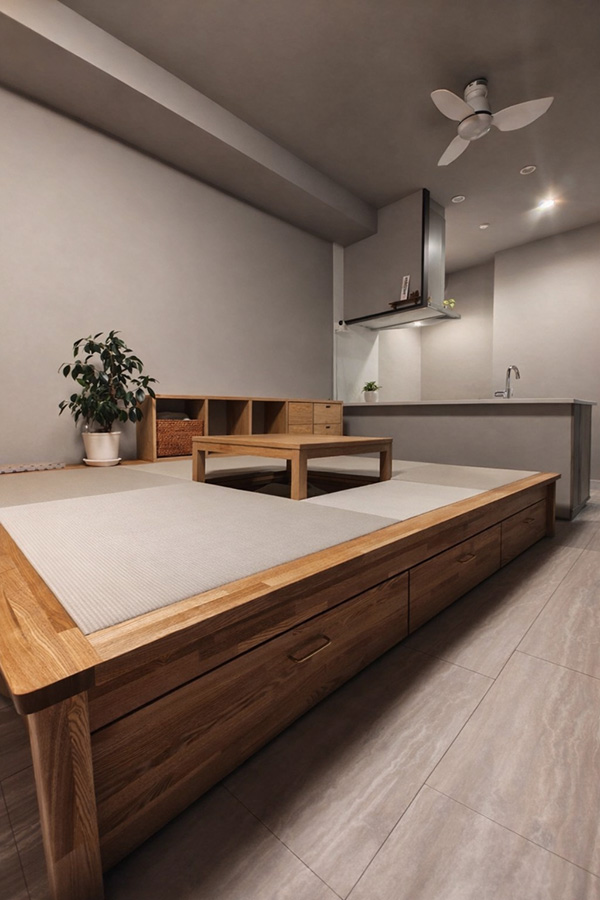 後付け 収納 小上がり ヌック 収納 おしゃれ デザイン 畳ベッド 飛騨フォレスト 畳ヶ丘 オーダー 日本製 ヘリ無し畳 ダイケン オイル仕上げ 図面 灰桜色 こたつ ローデスク ちゃぶ台 チーク色