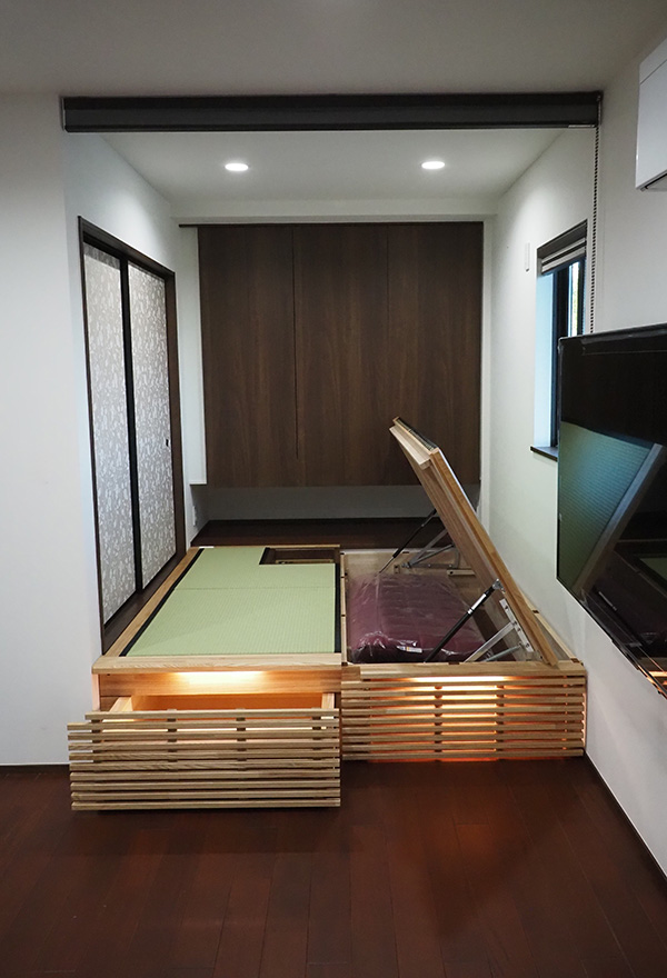 後付け 収納 小上がり ヌック 収納 おしゃれ デザイン 畳ベッド 飛騨フォレスト 畳ヶ丘 オーダー 日本製 ヘリ付き畳 ダイケン オイル仕上げ 図面 壁3面 銀白色 炉縁 炉壇 茶道 お茶 電気炉