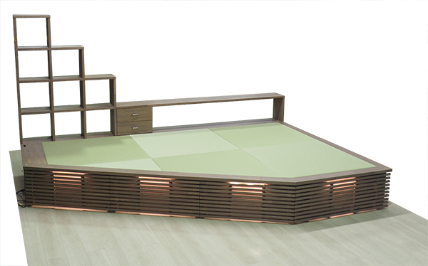 後付け 収納 小上がり ヌック 収納 おしゃれ デザイン 畳ベッド 飛騨フォレスト 畳ヶ丘 オーダー 日本製 ヘリ無し畳 ダイケン オイル仕上げ 図面 壁3面 カクテルフィット21 格子 LED照明 テープライト デスク