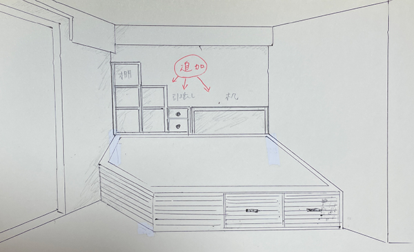 後付け 収納 小上がり ヌック 収納 おしゃれ デザイン 畳ベッド 飛騨フォレスト 畳ヶ丘 オーダー 日本製 ヘリ無し畳 ダイケン オイル仕上げ 図面 壁3面 カクテルフィット21 格子 LED照明 テープライト デスク